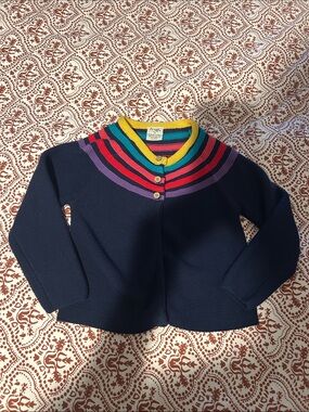 Frugi Organic Cotton Girls' Navy Rainbow Yoke Cardigan